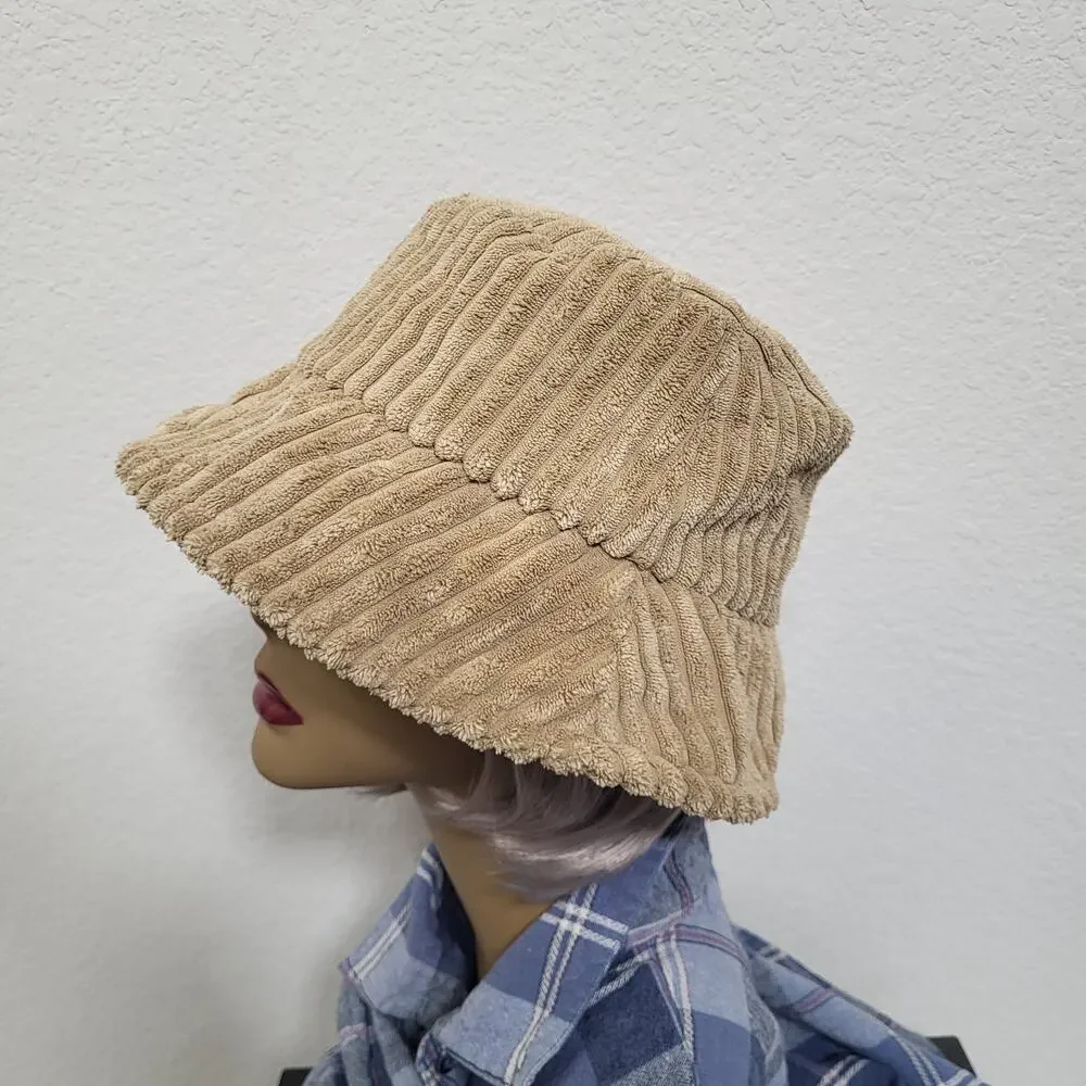 Tan Bucket Hat Womens One Size Soft Wide Corduroy Soft Cozy Winter Fall Casual